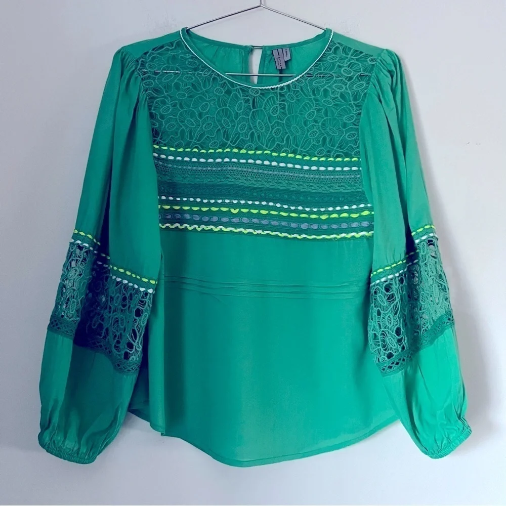 Anthro Blank London Boho Lace Yoke Peasant Blouse Emerald Green Embroidery